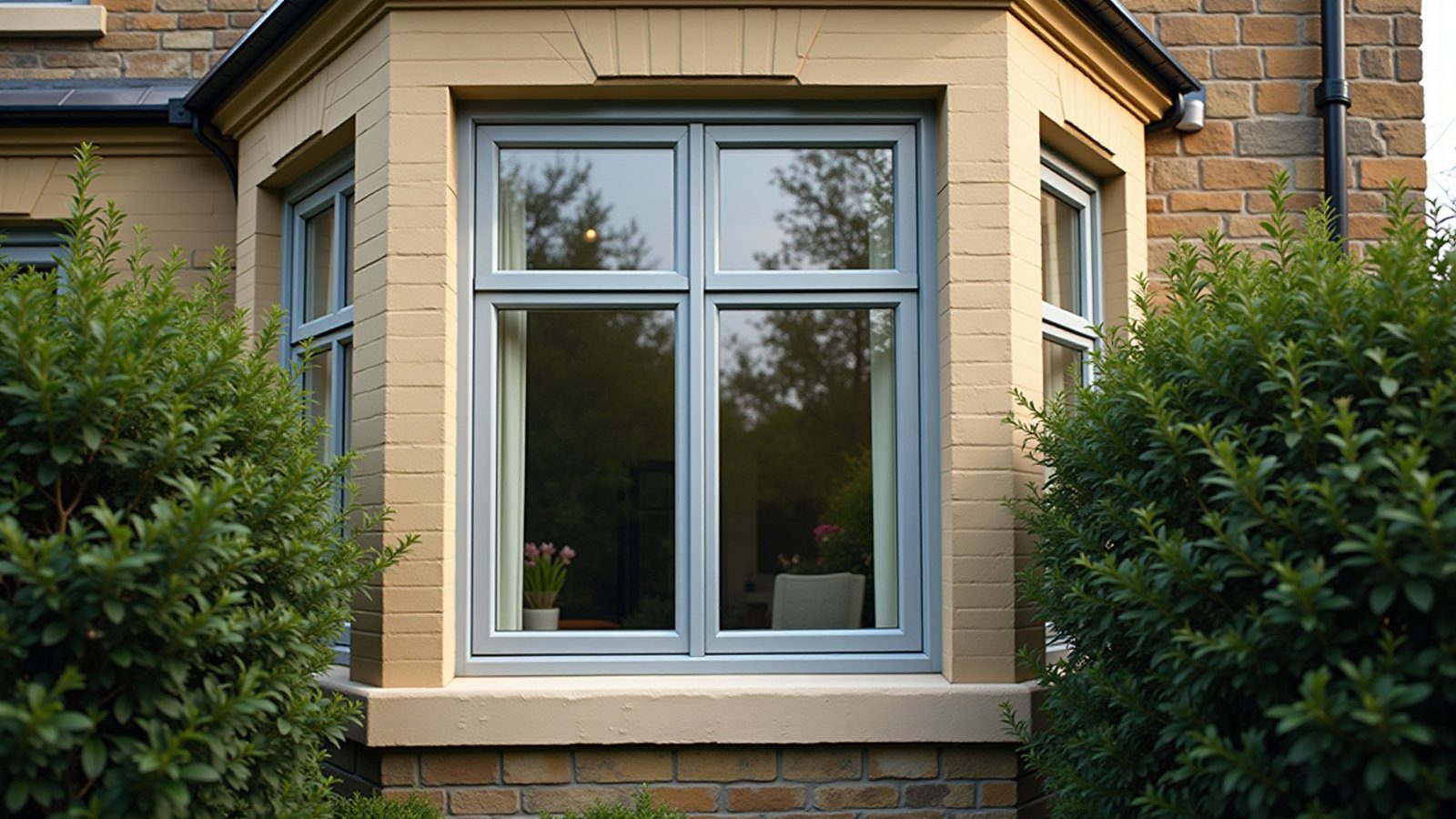 Grey bay window on a stone house
